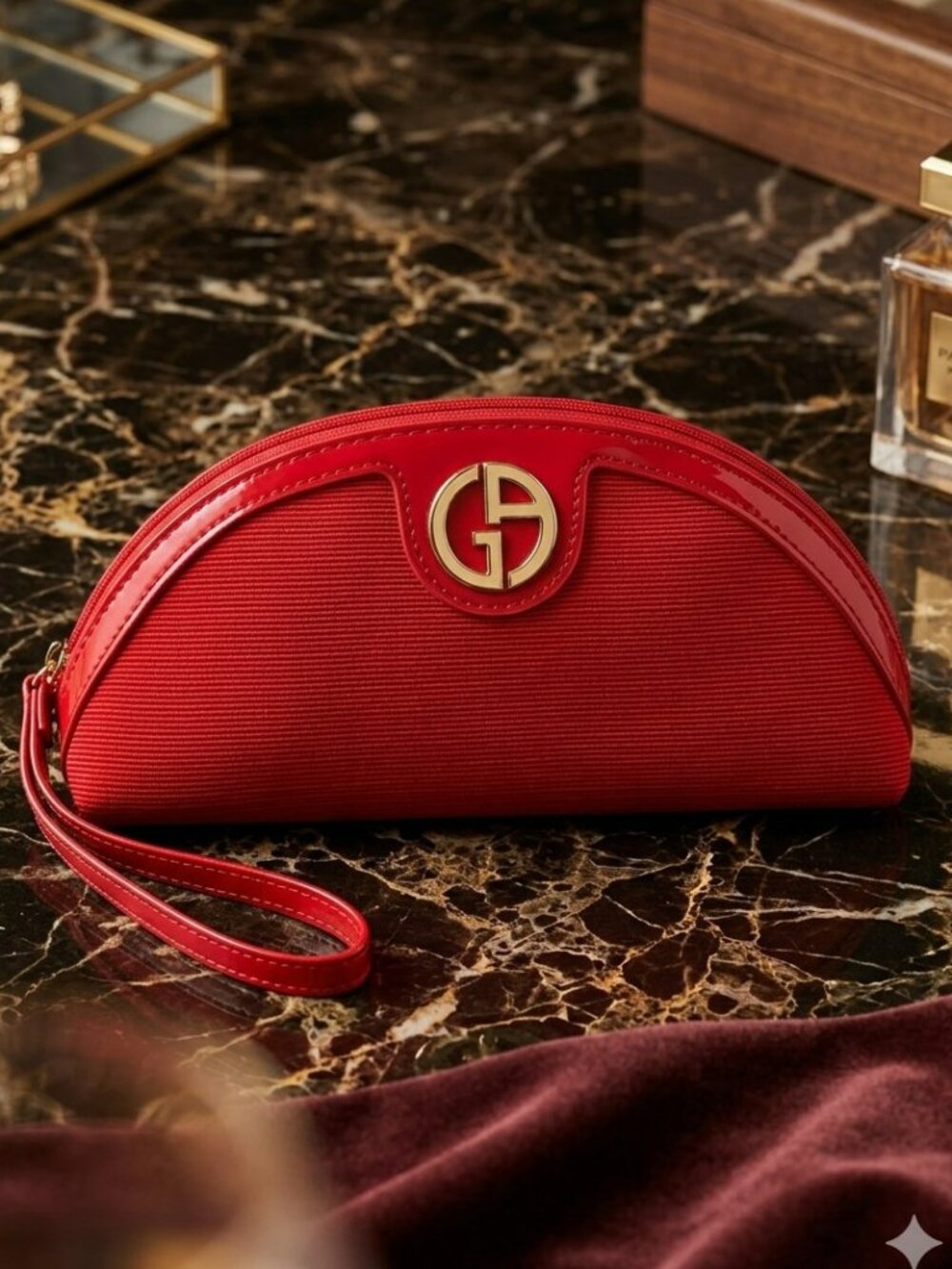 Giorgio Armani Red Wristlet Clutch or Cosmetic Pouch Bag with Gold Accent NWT